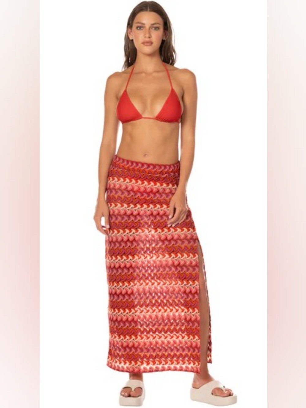 Red Wave-Print Maxi Swim Sarong Misses Size Medium NWT